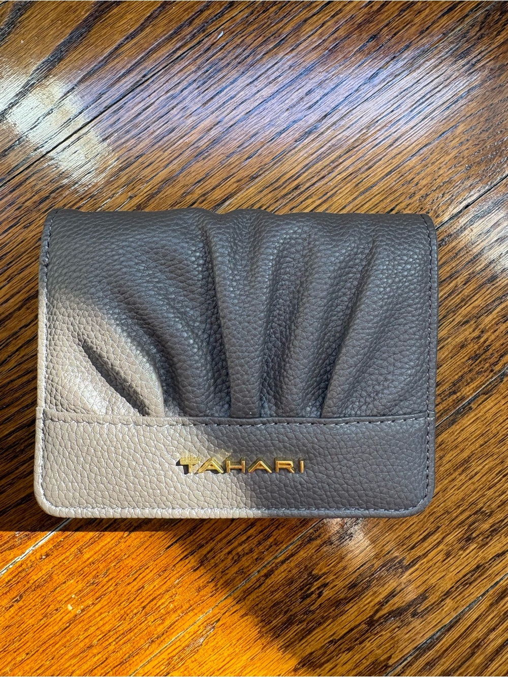 Tahari Gray Pebbled Leather Fold Card Holder with Gold Logo